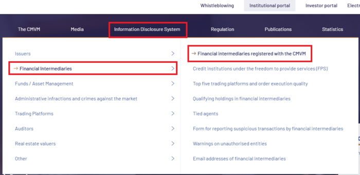 Chọn Financial intermediaries registered with the CMVM