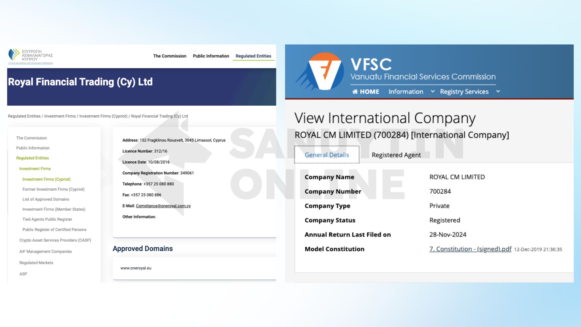 Thông tin chi tiết về giấy phép CySEC và VFSC của sàn OneRoyal