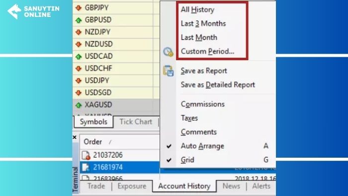 Xem lịch sử giao dịch trên MT4