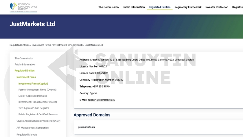 Thông tin chi tiết về giấy phép CySEC của sàn JustMarkets