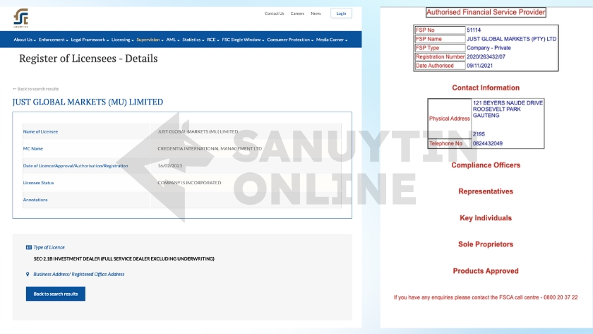 Thông tin chi tiết về giấy phép FSC Mauritius và FSCA của sàn JustMarkets