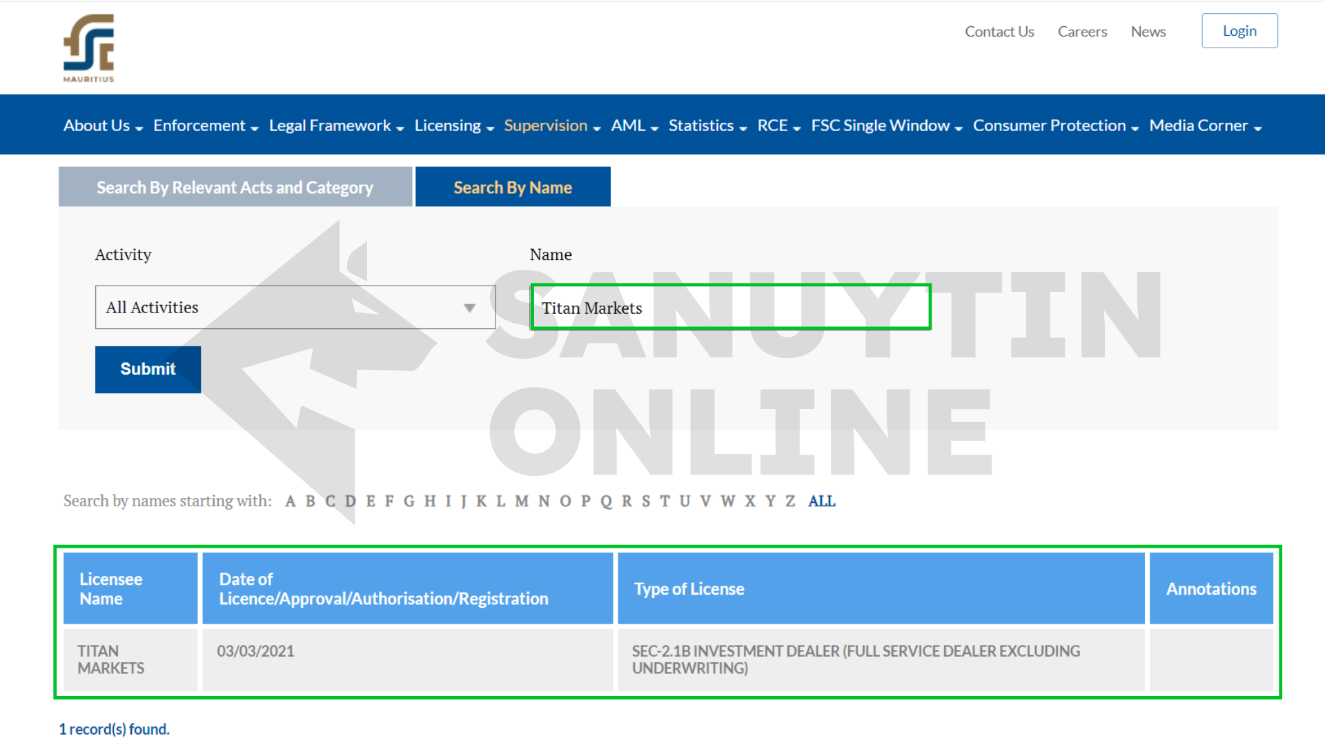 Tra cứu giấy phép FSC Mauritius của sàn Titan FX