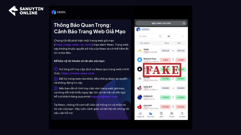 Neex cảnh báo web giả mạo