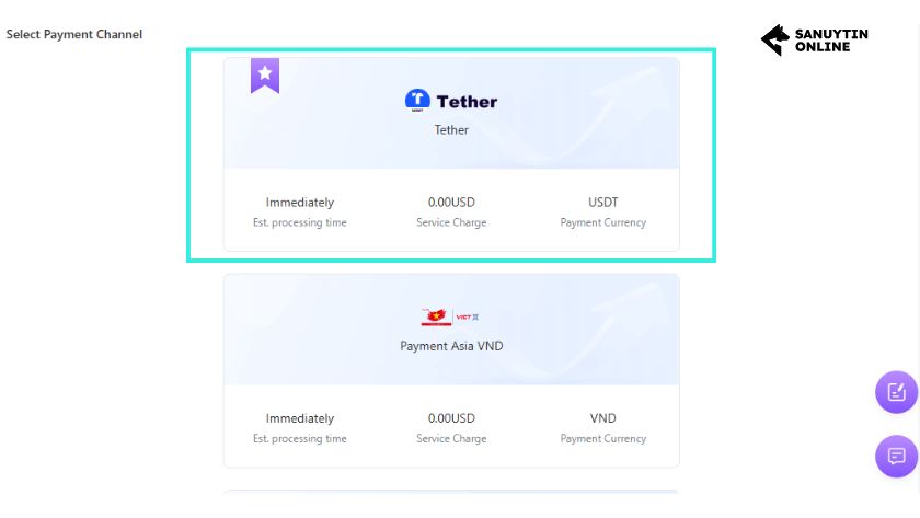 Nhấp vào phương thức nạp tiền USDT