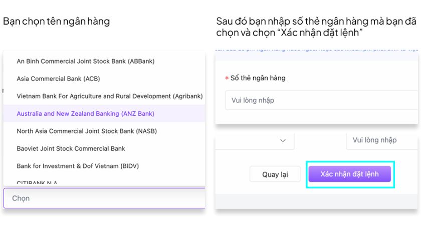 Screenshot bước chọn ngân hàng và nhập thông tin tài khoản ngân hàng khi thực hiện rút tiền trên Neex Chọn ngân hàng và nhập số tài khoản hoặc số thẻ khi rút tiền trên Neex