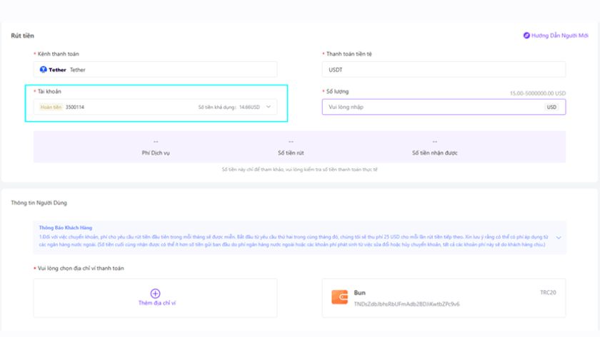 chọn rút tiền bằng USDT trên Neex Chọn phương thức rút tiền USDT trên Neex