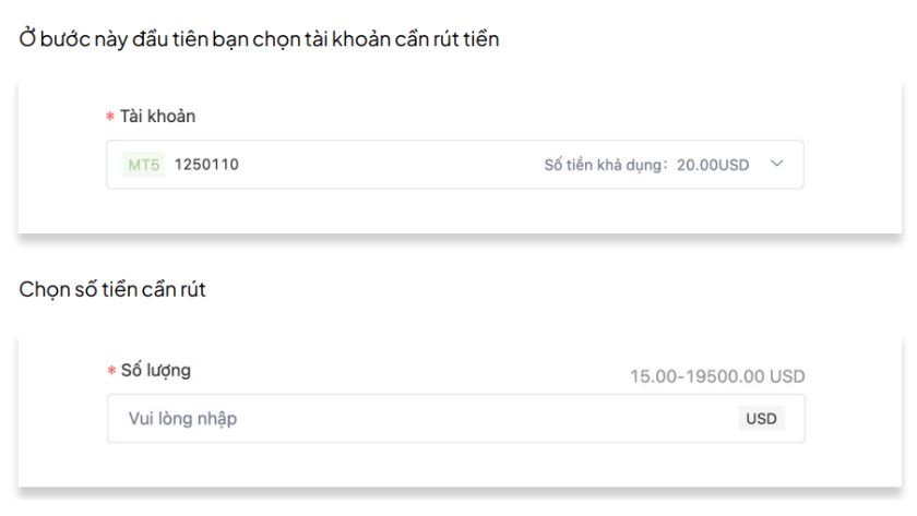 Screenshot bước nhập số tiền rút và chọn tài khoản trên Neex Chọn tài khoản giao dịch và nhập số tiền cần rút trên sàn Neex