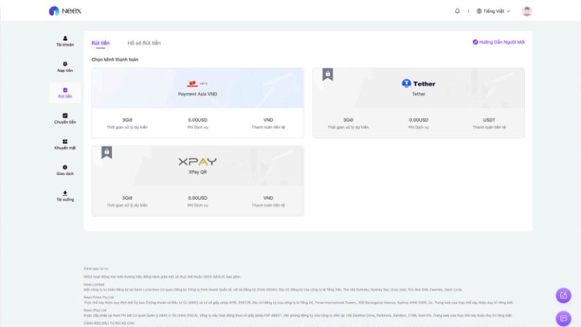 Giao diện hiển thị các phương thức rút tiền trên Neex hỗ trợ USDT, VND qua Payment Asia và XPay QR Danh sách phương thức rút tiền trên Neex: USDT, Payment Asia VND, XPay QR