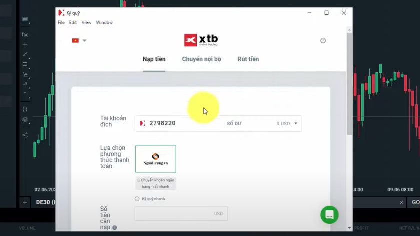 Hướng dẫn nhập số tiền và nạp tiền nhanh tại sàn XTB qua Internet Banking Hộp thoại nạp tiền sàn XTB qua Internet Banking với thao tác nhập số tiền và nút Nạp tiền