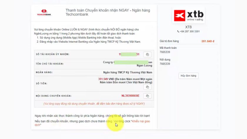 Biểu mẫu chuyển khoản chi tiết từ XTB với thông tin tài khoản, số tiền và nội dung chuyển khoản Biểu mẫu chuyển khoản ngân hàng với thông tin tài khoản nhận tiền, số tiền và nội dung chuyển khoản chi tiết