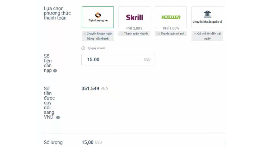 Hướng dẫn nhập số tiền nạp USD và quy đổi sang VND trên XTB Giao diện nhập số tiền nạp trên XTB bằng USD với quy đổi tự động sang VND và nút Nạp tiền
