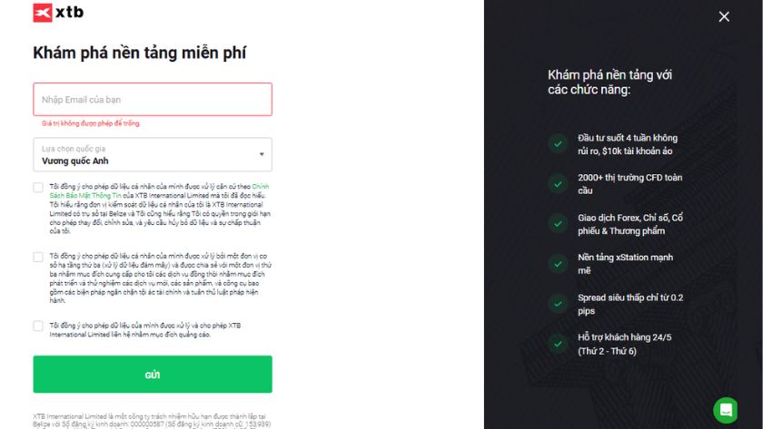 Nhập email và quốc gia cư trú để xác minh danh tính và nhận hỗ trợ khi trải nghiệm tài khoản demo tại XTB. Nhập thông tin cá nhân như email và quốc gia khi đăng ký tài khoản demo XTB