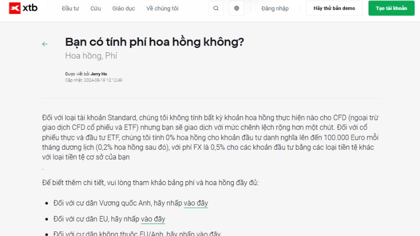 Phí hoa hồng giao dịch CFD tại XTB và các lưu ý về phí chuyển đổi ngoại tệ chính sách phí hoa hồng CFD tại XTB bao gồm miễn phí cho tài khoản Standard, phí 0.2% cho giao dịch cổ phiếu và ETF vượt 100.000 EUR, và phí chuyển đổi ngoại tệ 0.5%