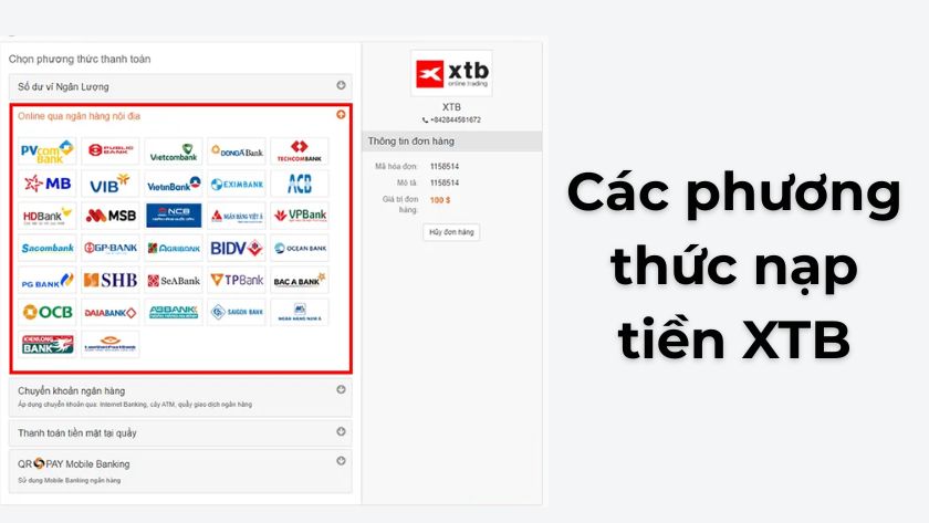 các phương thức nạp tiền vào tài khoản XTB bao gồm cổng Ngân Lượng, thẻ Visa/Mastercard, thẻ ATM, ví điện tử và nạp trực tiếp trên xStation. các phương thức nạp tiền vào tài khoản giao dịch sàn XTB