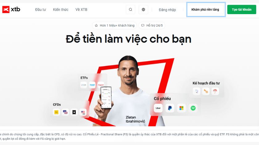 Hướng dẫn truy cập trang XTB và khám phá nền tảng giao dịch qua nút “Khám phá nền tảng” ở góc trên cùng. Hướng dẫn truy cập vào trang XTB và nhấn nút “Khám phá nền tảng”