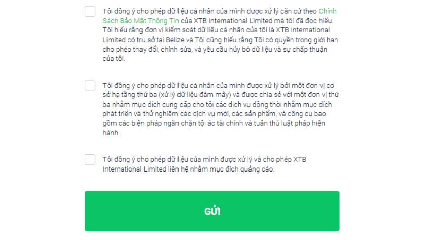Xác nhận đồng ý với điều khoản sử dụng của XTB và nhấn “Gửi” để hoàn tất quá trình đăng ký tài khoản. Xác nhận đồng ý với điều khoản sử dụng khi đăng ký tài khoản XTB