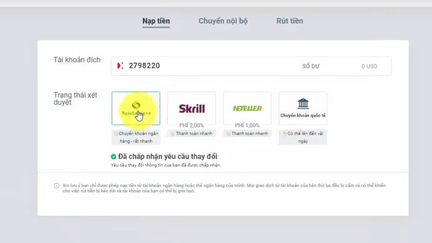 Hướng dẫn chọn Ngân Lượng làm phương thức nạp tiền Internet Banking tại XTB Giao diện phần nạp tiền trên XTB với lựa chọn phương thức thanh toán Ngân Lượng cho Internet Banking
