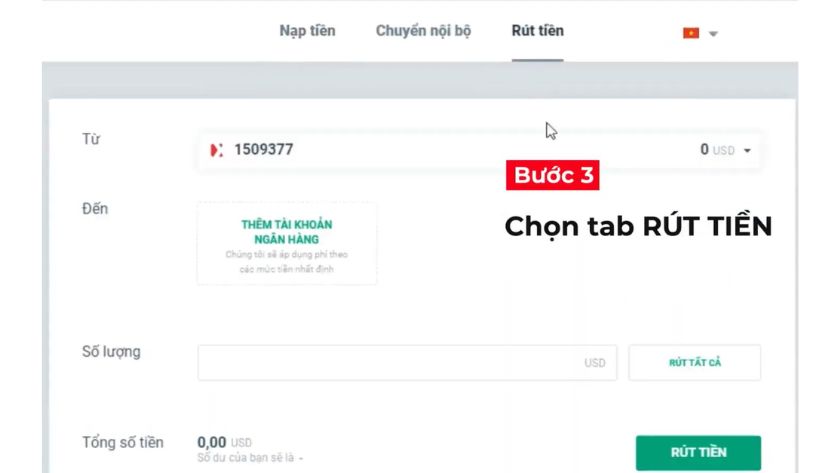 Hướng dẫn chọn chức năng Rút tiền trên nền tảng xStation XTB Cửa sổ giao diện nền tảng xStation XTB với nút chọn Rút tiền rõ ràng