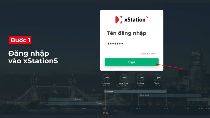 Hướng dẫn đăng nhập vào nền tảng xStation XTB bằng tài khoản cá nhân Giao diện đăng nhập nền tảng xStation XTB với các trường nhập tên đăng nhập và mật khẩu cùng nút Login/Đăng nhập