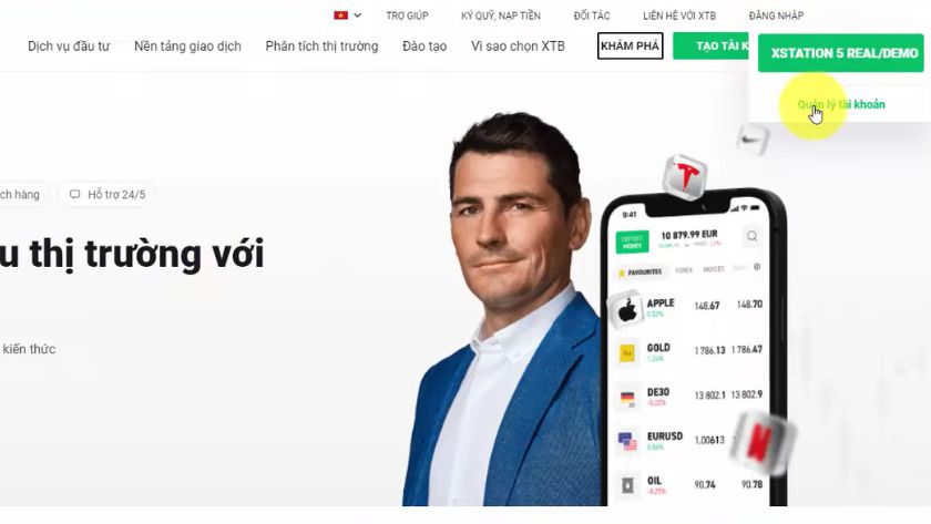 Đăng nhập tài khoản XTB và vào quản lý tài khoản trên trang chủ website Giao diện trang chủ website XTB với nút Đăng nhập và mục Quản lý tài khoản hiển thị rõ ràng
