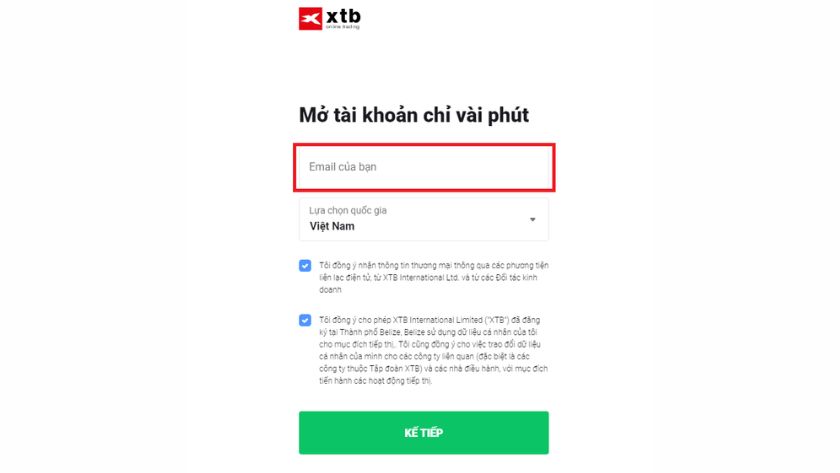 Hướng dẫn nhập email, chọn quốc gia và xác nhận điều khoản đăng ký XTB Form đăng ký XTB với các trường nhập email, chọn quốc gia cư trú và tích chọn điều khoản