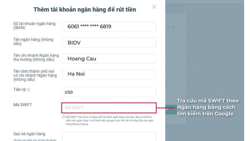 Hướng dẫn nhập thông tin tài khoản ngân hàng chi tiết trên nền tảng xStation XTB Giao diện nhập thông tin tài khoản ngân hàng trên nền tảng xStation XTB gồm số tài khoản, tên ngân hàng, chi nhánh, tiền tệ và mã Swift
