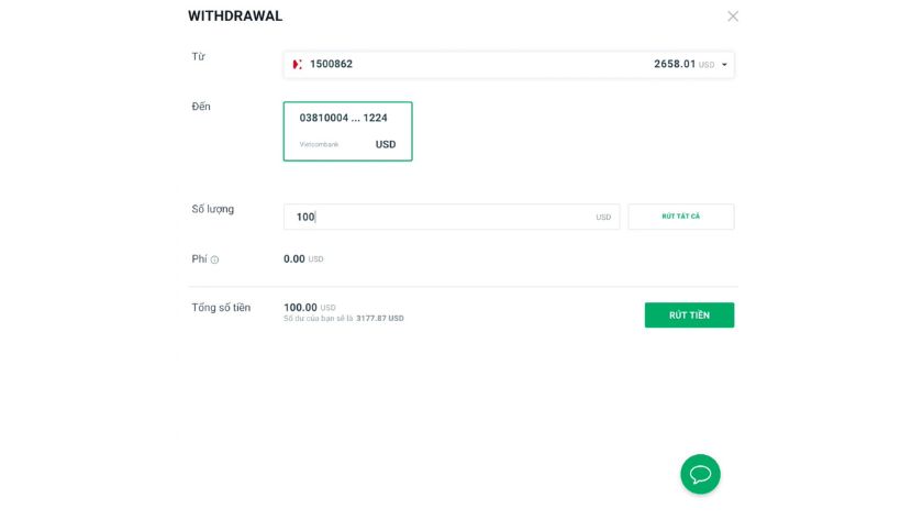 Hướng dẫn rút tiền trên XTB bằng cách chọn tài khoản ngân hàng và nhập số tiền cần rút Giao diện nền tảng XTB với tùy chọn Rút tiền, chọn tài khoản ngân hàng liên kết, nhập số tiền và nút Rút tiền