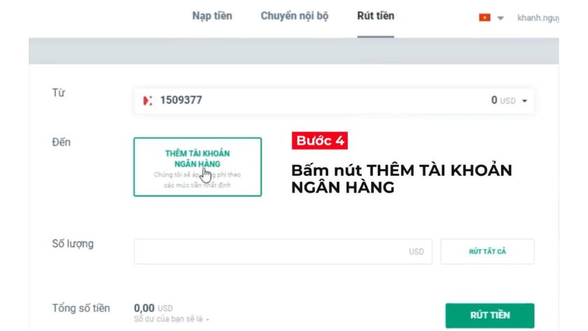 Hướng dẫn thêm tài khoản ngân hàng liên kết trên nền tảng xStation XTB Giao diện nền tảng xStation XTB với tùy chọn “Thêm tài khoản ngân hàng” để liên kết ngân hàng