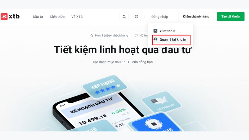 Hướng dẫn truy cập trang chủ XTB và chọn Quản lý tài khoản để đăng nhập Giao diện trang chủ XTB với mục Quản lý tài khoản nổi bật để người dùng truy cập đăng nhập