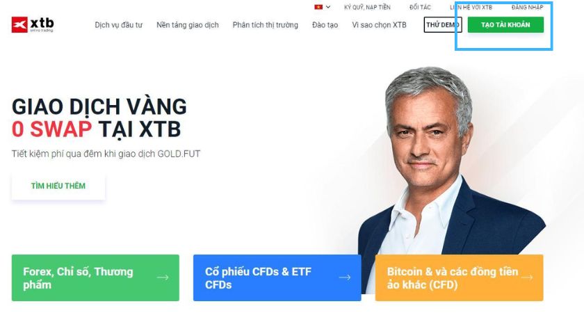 Hướng dẫn truy cập website XTB và tạo tài khoản mới Giao diện trang chủ XTB với nút TẠO TÀI KHOẢN nổi bật ở góc phải trên màn hình
