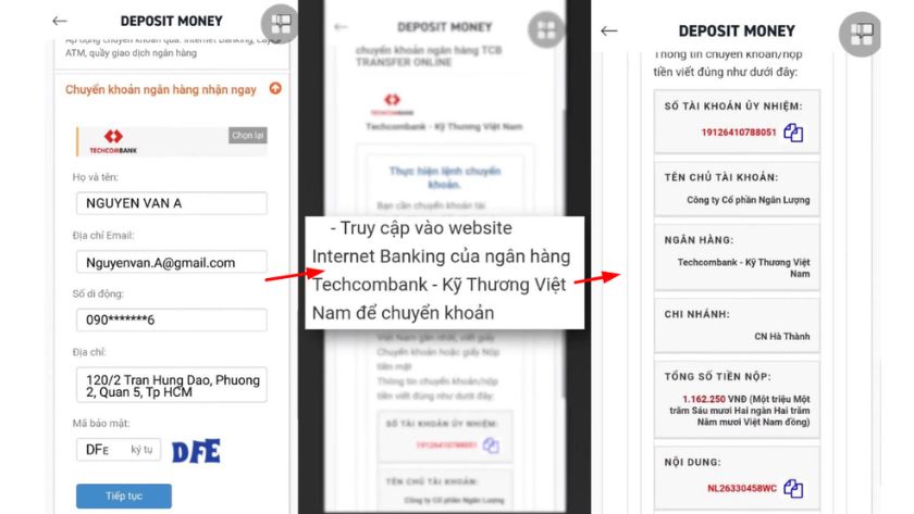 Hướng dẫn điền thông tin tài khoản và hoàn tất giao dịch trên trang ngân hàng qua ứng dụng XTB Giao diện ứng dụng XTB yêu cầu điền thông tin tài khoản và chuyển đến trang web ngân hàng để hoàn tất giao dịch