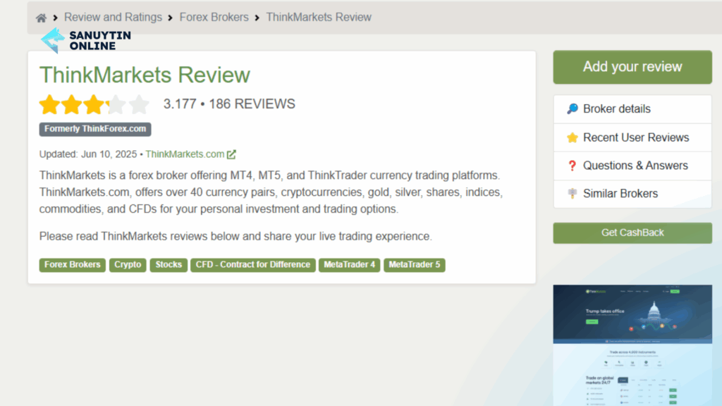 "ThinkMarkets đạt điểm trung bình 3.17/5 sao trên Trustpilot"