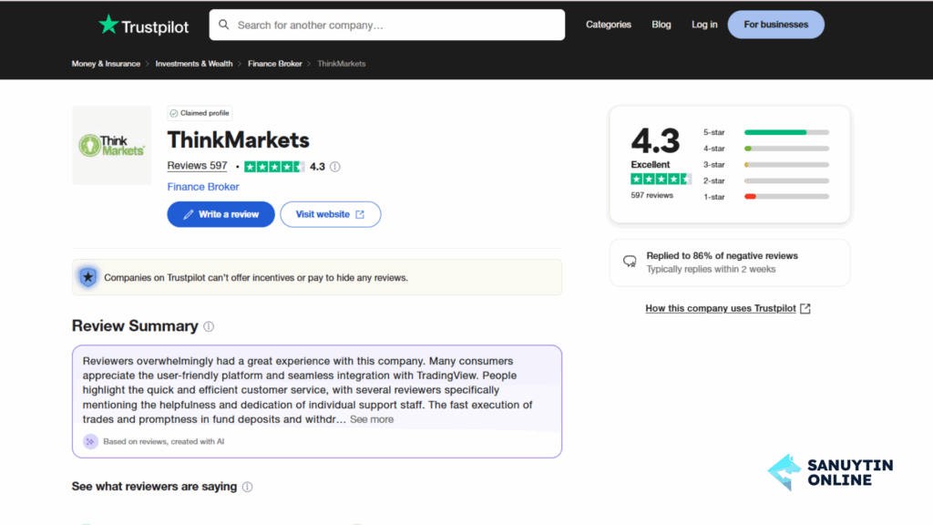 "ThinkMarkets đạt điểm trung bình 4.3/5 sao trên Trustpilot"