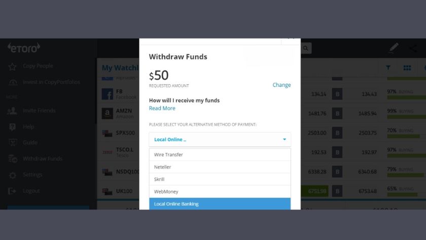 Hướng dẫn chọn phương thức rút tiền trên nền tảng eToro Giao diện chọn phương thức rút tiền trên nền tảng eToro với các lựa chọn phổ biến
