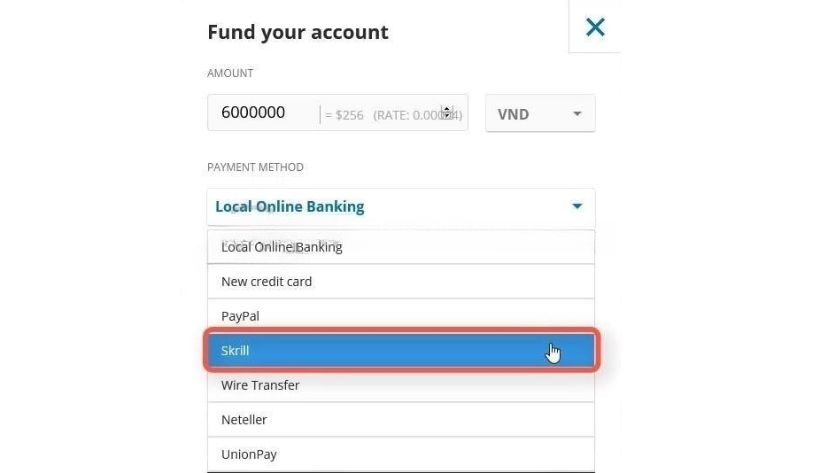 Hướng dẫn lựa chọn hình thức thanh toán và nhập số tiền nạp trên eToro cho người dùng mới Giao diện lựa chọn phương thức thanh toán và nhập số tiền nạp trên nền tảng eToro