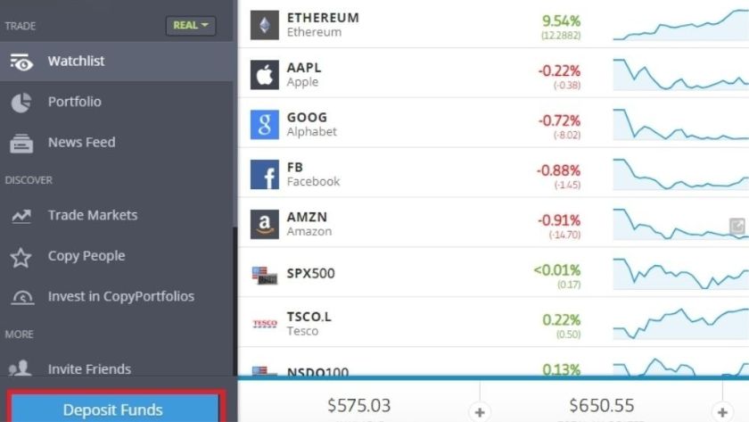 Hướng dẫn bước đầu đăng nhập và tìm nút Nạp tiền trên giao diện eToro cho người dùng mới Giao diện trang chủ eToro với nút Nạp tiền (Deposit Funds) ở menu bên trái sau khi đăng nhập