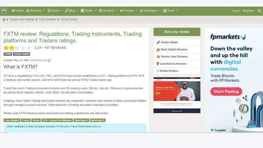 Đánh giá sàn FXTM trên Forex Peace Army với điểm trung bình 2.24 trên 5 từ hơn 160 review