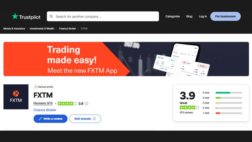  Đánh giá sàn FXTM trên nền tảng Trustpilot với điểm trung bình 3.9 trên 5