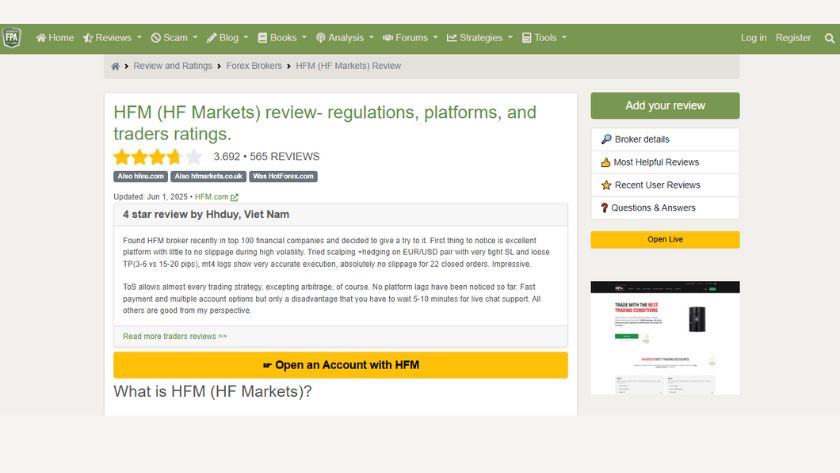 HFM đạt 3.69/5 trên Forex Peace Army với nhiều đánh giá tích cực về điều kiện giao dịch và hỗ trợ