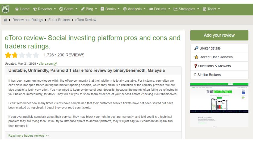 mức độ hài lòng thấp của người dùng eToro trên Forex Peace Army năm 2025 Đánh giá người dùng về eToro trên Forex Peace Army năm 2025