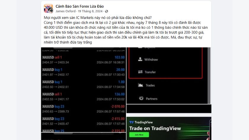 bài phốt cảnh báo rủi ro khi giao dịch tại IC Markets, phản ánh ý kiến từ cộng đồng trader Việt Bài đăng tố IC Markets khóa rút tiền và giãn giá khiến trader mất toàn bộ 60.000 đô