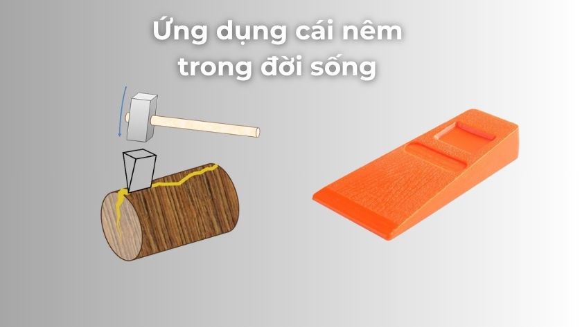 Hình ảnh mô tả ứng dụng thực tế của cái nêm như một công cụ tách vật thể, ví dụ dùng để bổ củi Hình ảnh cái nêm bằng kim loại được đóng vào khúc gỗ để bổ đôi khúc củi