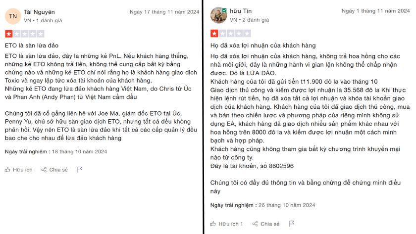 ETO Markets nhận về rất nhiều phản hồi tiêu cực từ khách hàng trên Trustpilot