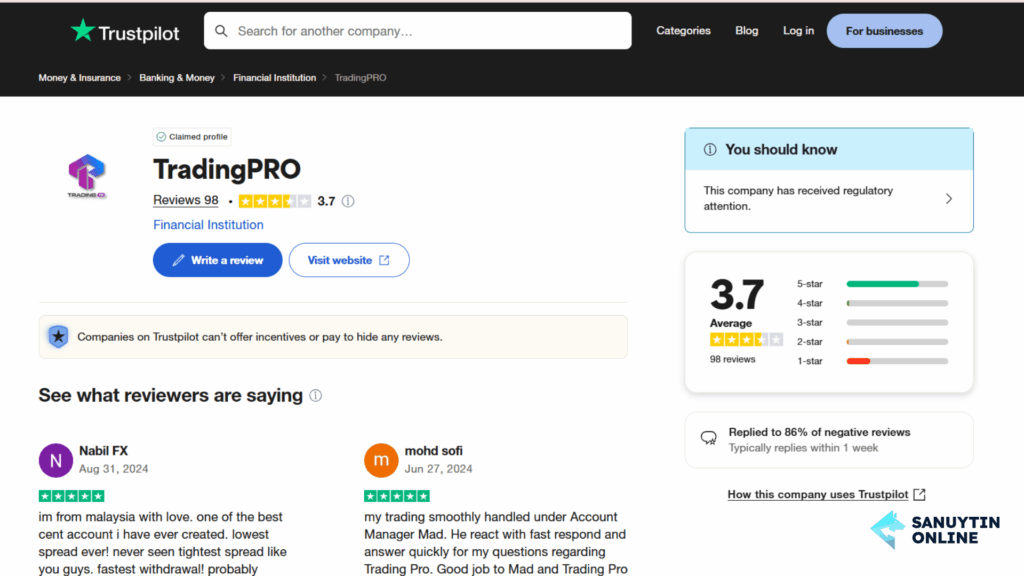 Đánh giá của sàn TradingPRO trên Trustpilot