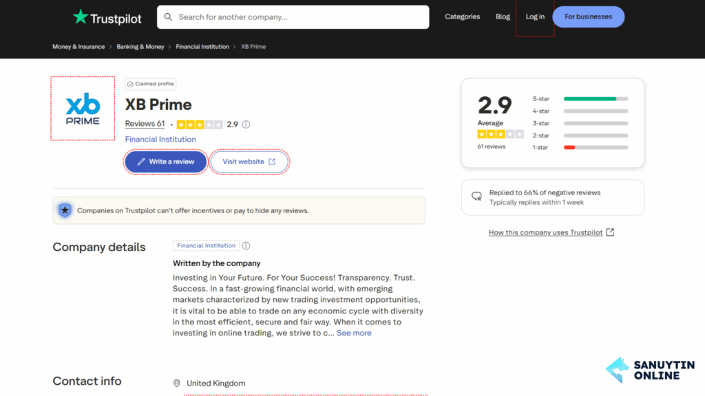 Đánh giá từ người dùng về sàn XB Prime trên Trustpilot