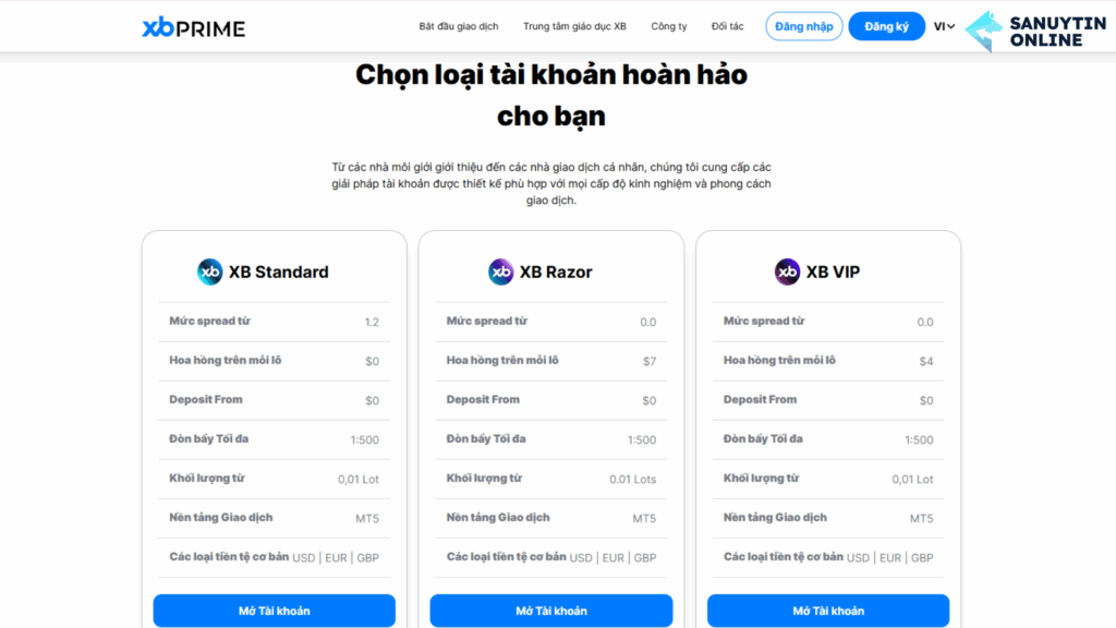 Các loại tài khoản và phí giao dịch của XB Prime