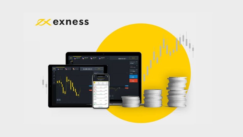 vị thế quốc tế và công nghệ tiên tiến của Exness trong ngành giao dịch tài chính Logo Exness hiển thị trên nền máy tính và điện thoại có biểu đồ giao dịch Forex trực tiếp