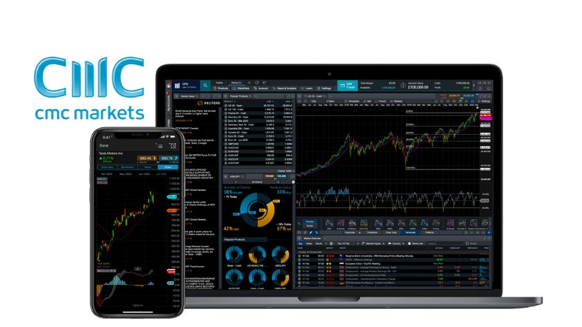 Điện thoại, tablet và máy tính hiển thị biểu đồ Forex kèm logo CMC Markets, sàn thành lập năm 1989 tại Anh, được quản lý bởi FCA, FCSA và tuân thủ ESMA