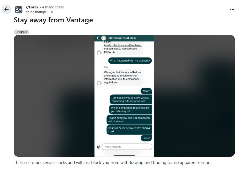 Dịch vụ khách hàng tệ, Vantage block khách và không trình bày lý do vì "vấn đề bảo mật thông tin" Dịch vụ khách hàng tệ, Vantage block khách và không trình bày lý do vì "vấn đề bảo mật thông tin"