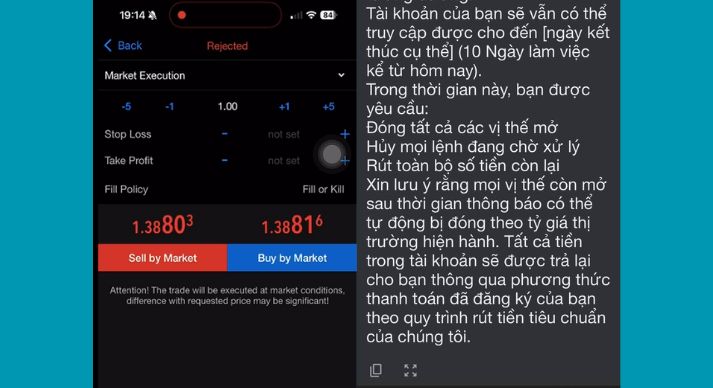 Ảnh chụp màn hình khách hàng không thể mở thêm lệnh mới và email từ Neex thông báo: đóng toàn bộ vị thế mở, hủy lệnh chờ, rút số dư còn lại, mọi vị thế còn lại có thể bị đóng theo giá thị trường